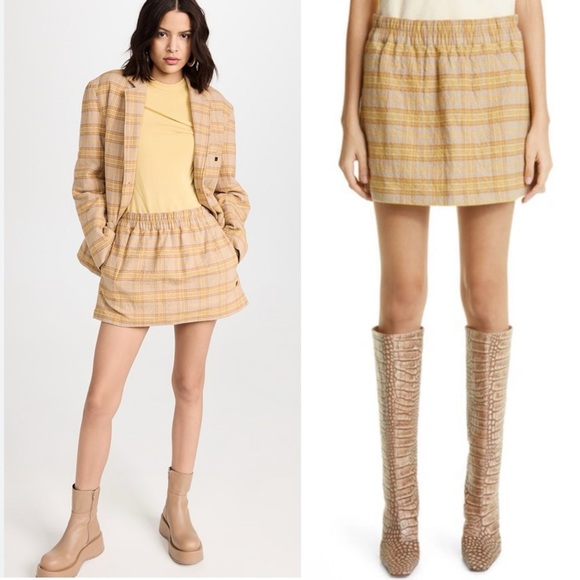 Acne Studios Issyn Check Flannel Plaid Drawstring Waist Cotton Yellow Miniskirt - Picture 1 of 12